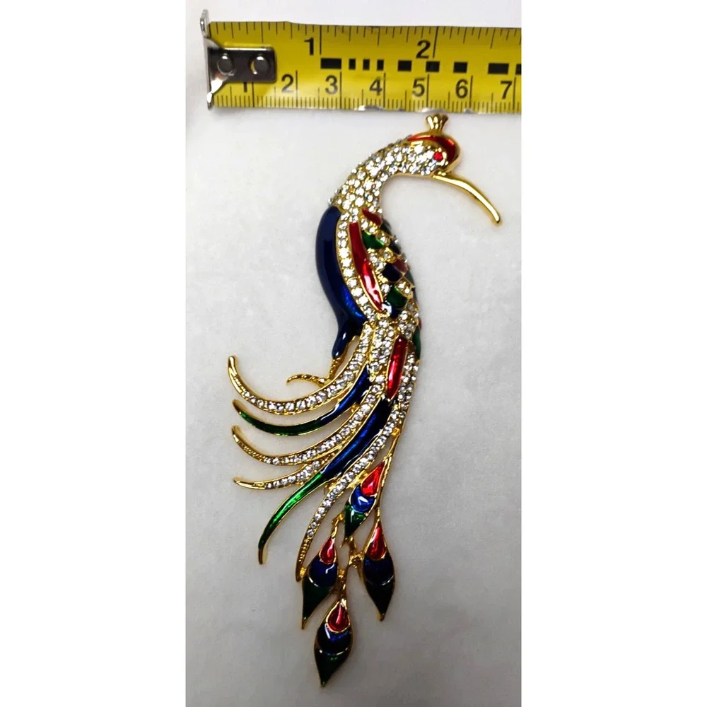 Large Peacock Brooch Pin Rhinestone Enamel Multicolor Statement Bird
